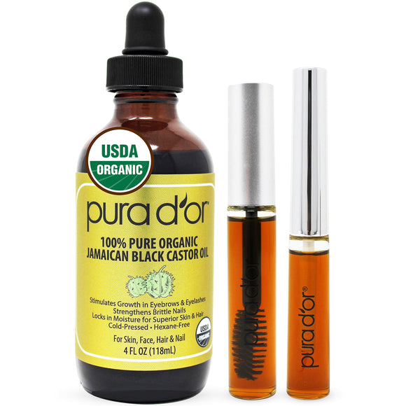 PURA D'OR Organic Jamaican Black Castor Oil (4oz) 100% Pure USDA Organic - Cold Pressed - For Lashes, Brows, Skin & Hair - Promotes Thicker Eyebrows, Eyelashes & Healthier Skin - Beauty Fleet