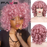 Kinky Curly Wig Synthetic With Bangs Shoulder Length Heat Resistant Fiber