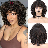 Kinky Curly Wig Synthetic With Bangs Shoulder Length Heat Resistant Fiber