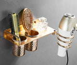 Gold Hair Dryer Holder Space Aluminum Bathroom Wall Shelf Hair Dryer Rack with Basket Bathroom - Beauty Fleet